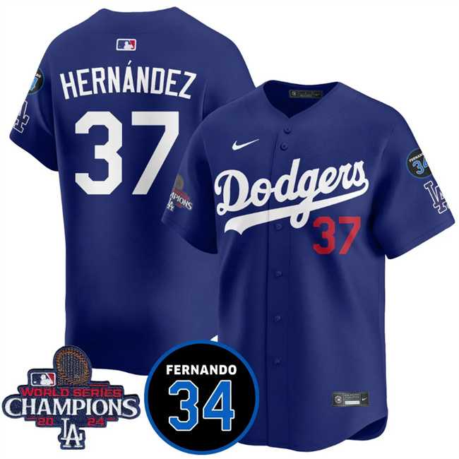 Men%27s Los Angeles Dodgers #37 Teoscar Hernandez Royal 2024 World Series Champions With Fernando Memorial Patch Vapor Premier Limited Stitched Jersey Dzhi